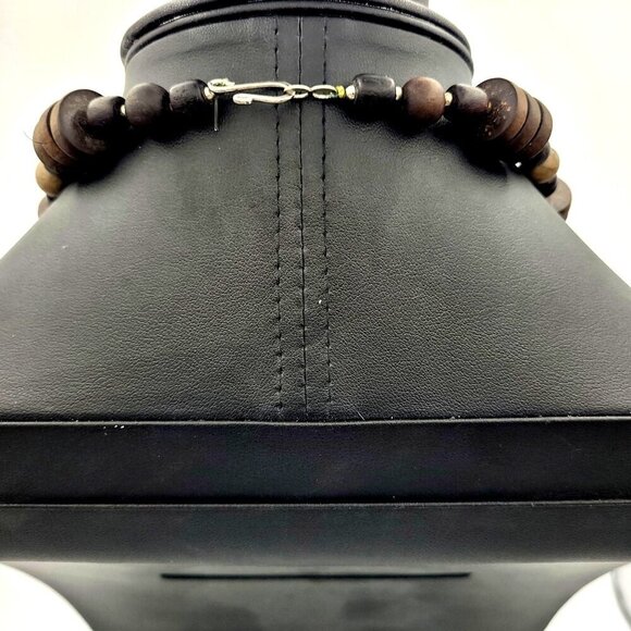 Handcrafted Wood Bead Necklace Leather on Copper Pendant w/ Geometric Stones - Picture 7 of 8